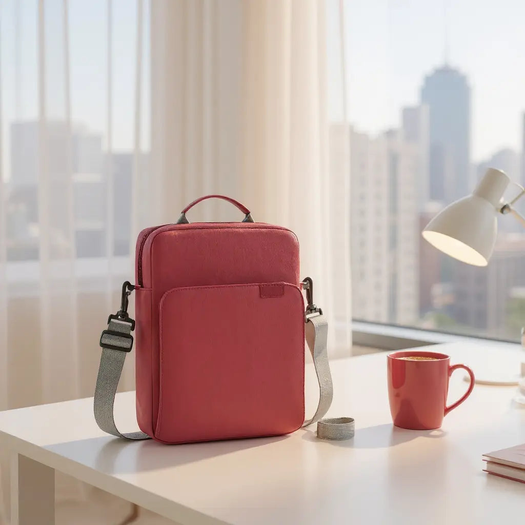 Sac pour tablette rose posé sur un bureau avec une tasse et un ordinateur portable, lumière naturelle.