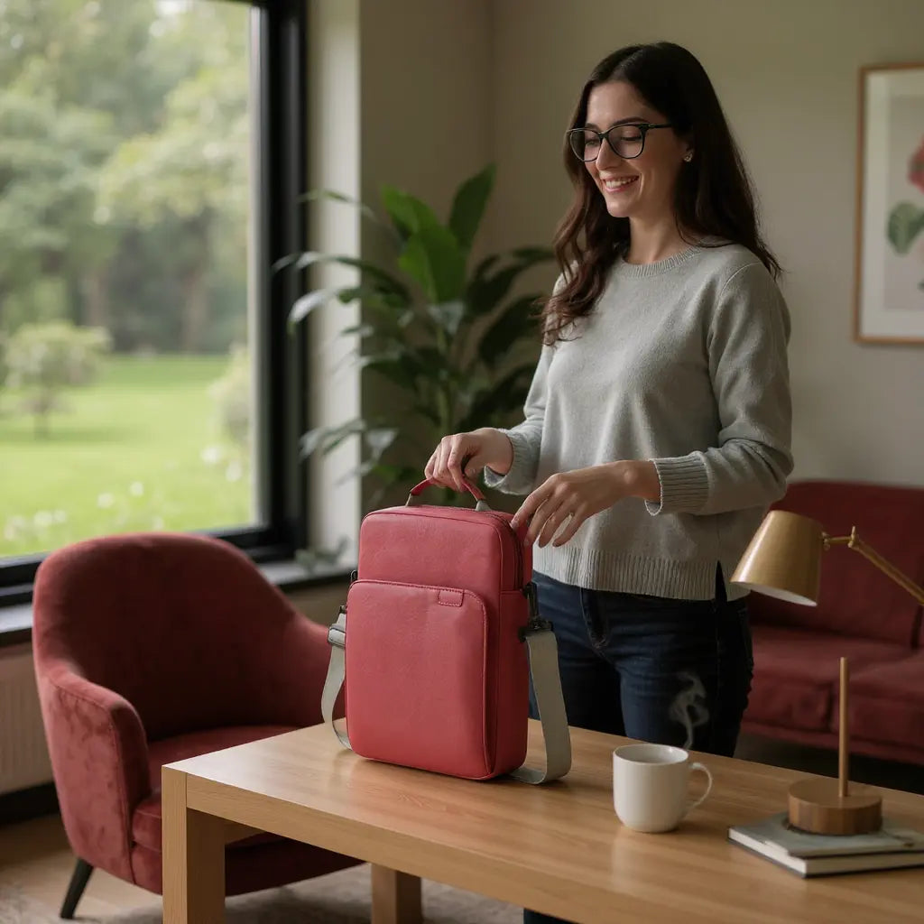 Femme utilisant un sac pour tablette rose sur une table de bureau, dans un intérieur lumineux.
