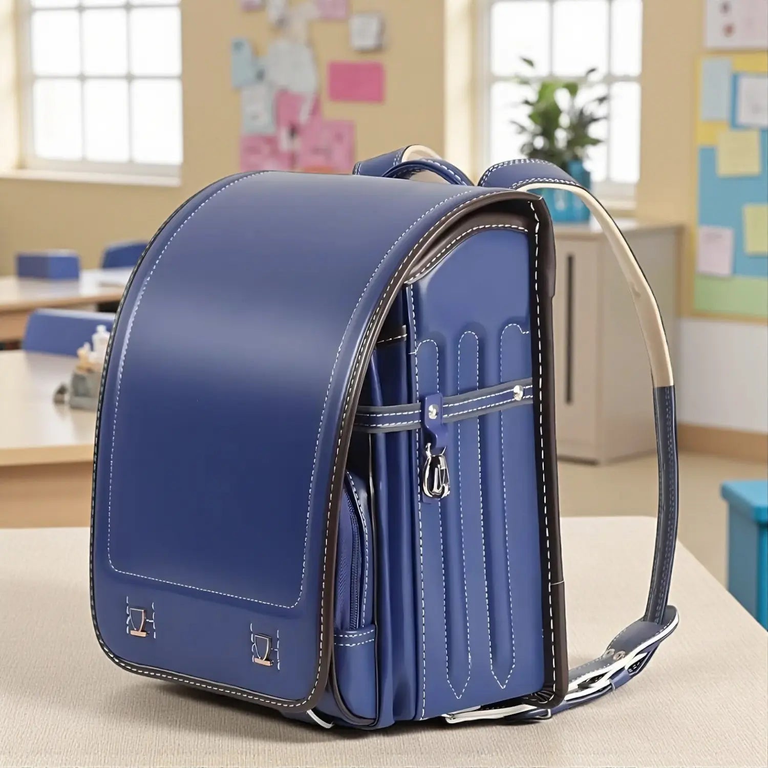 Cartable Randoseru bleu rigide posé sur un bureau d’école, vue latérale sur les compartiments.