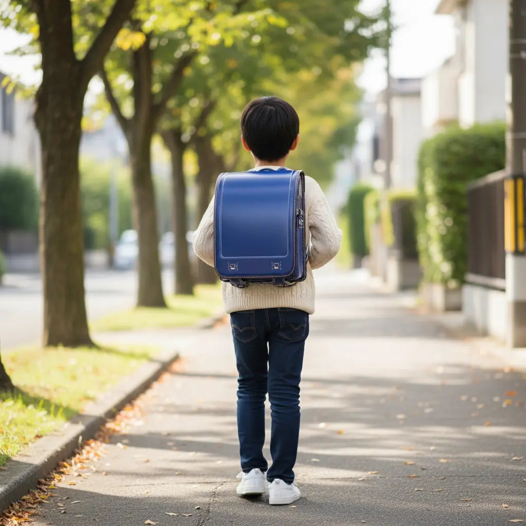 Enfant de dos portant un cartable Randoseru bleu rigide dans une rue bordée d’arbres.