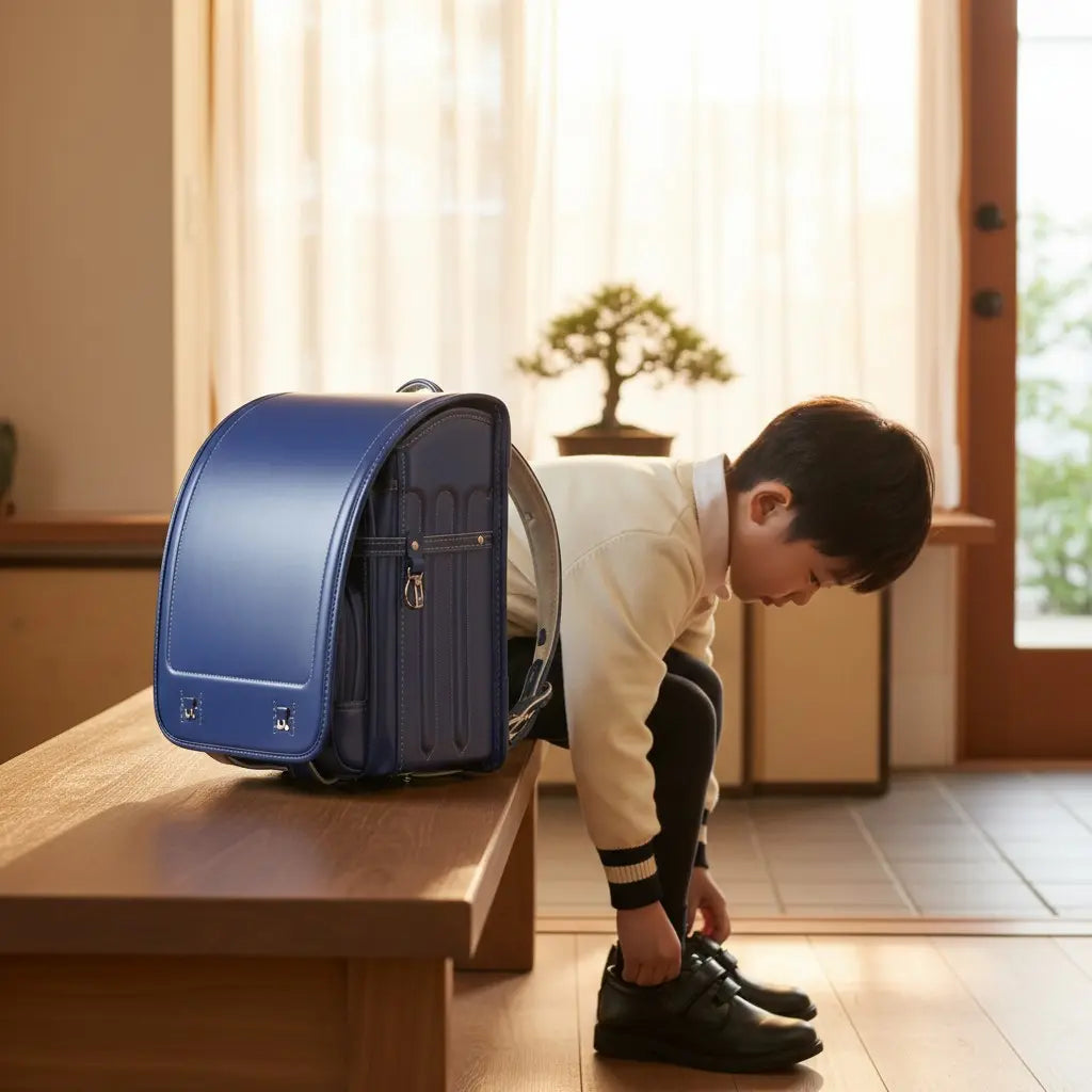 Garçon préparant ses chaussures à côté d’un sac randoseru bleu avant le départ pour l’école japonaise