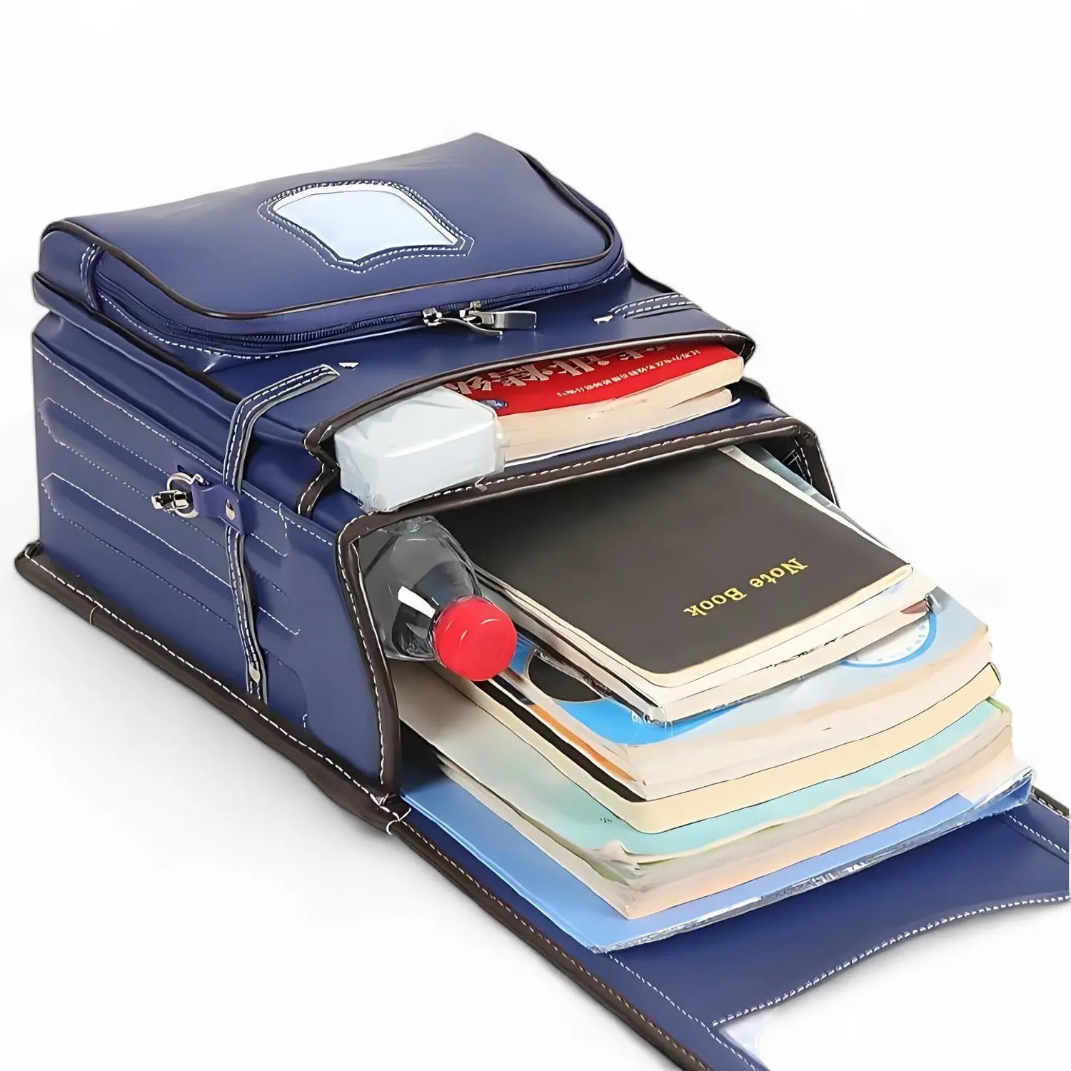 Sac Randoseru  bleu marine ouvert avec fournitures scolaires