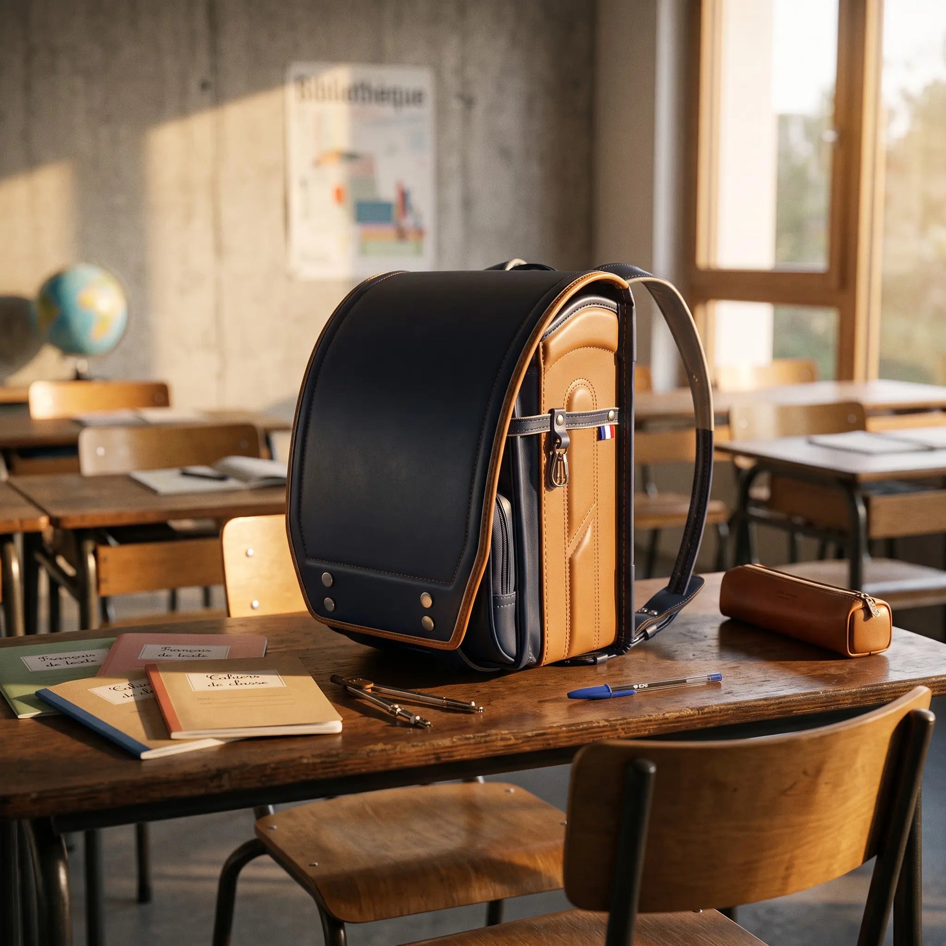 Sac randoseru japonais bleu posé sur un bureau dans une salle de classe