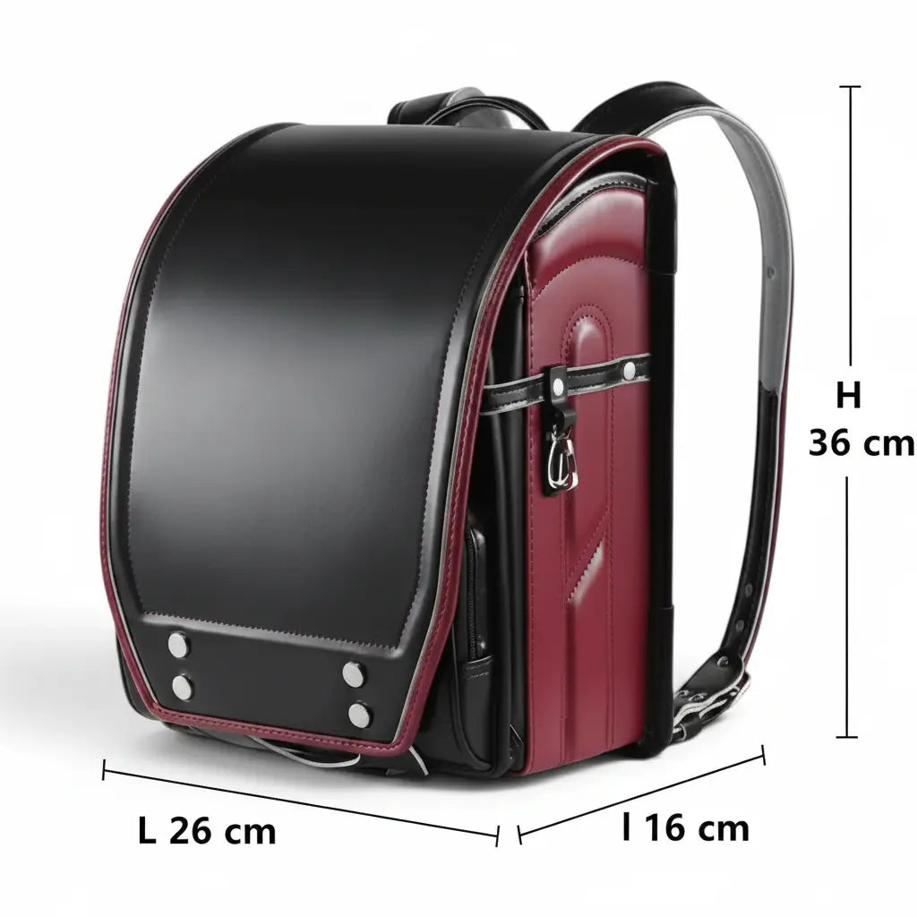 Dimensions du sac randoseru japonais noir 26 x 16 x 36 cm