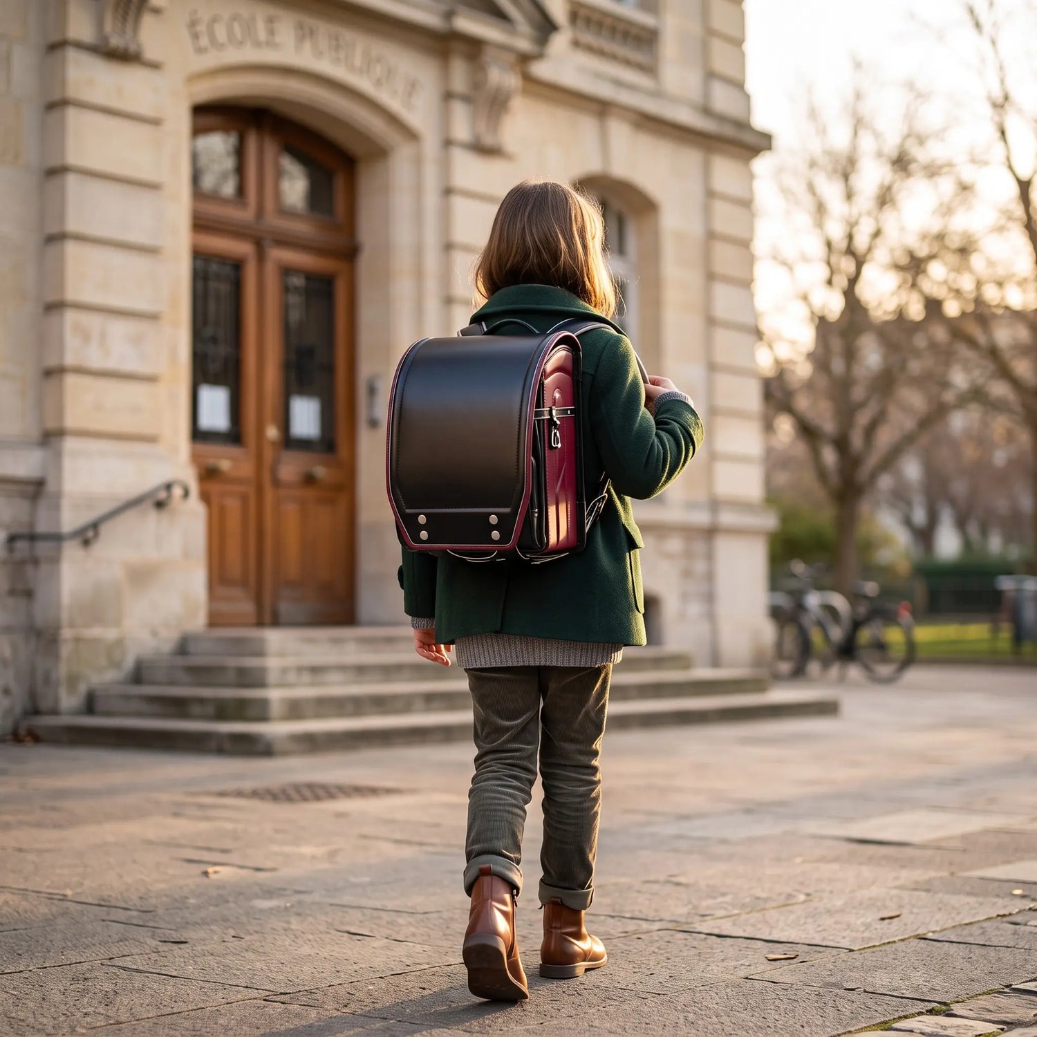 Enfant portant un sac randoseru japonais noir vu de dos devant une école