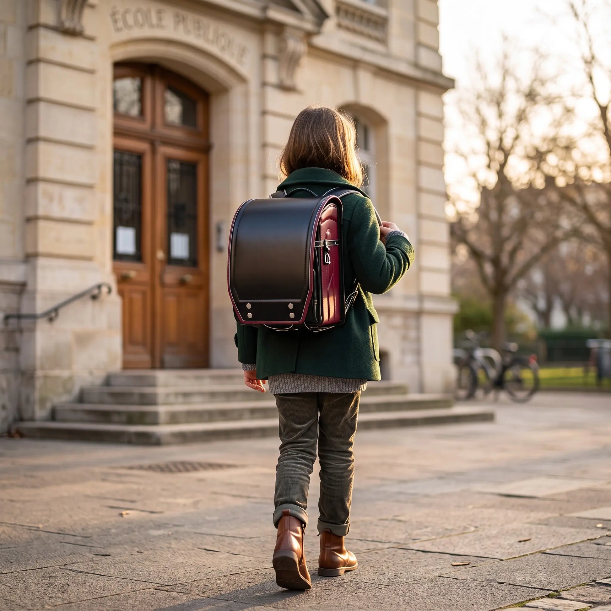Enfant portant un sac randoseru japonais noir vu de dos devant une école