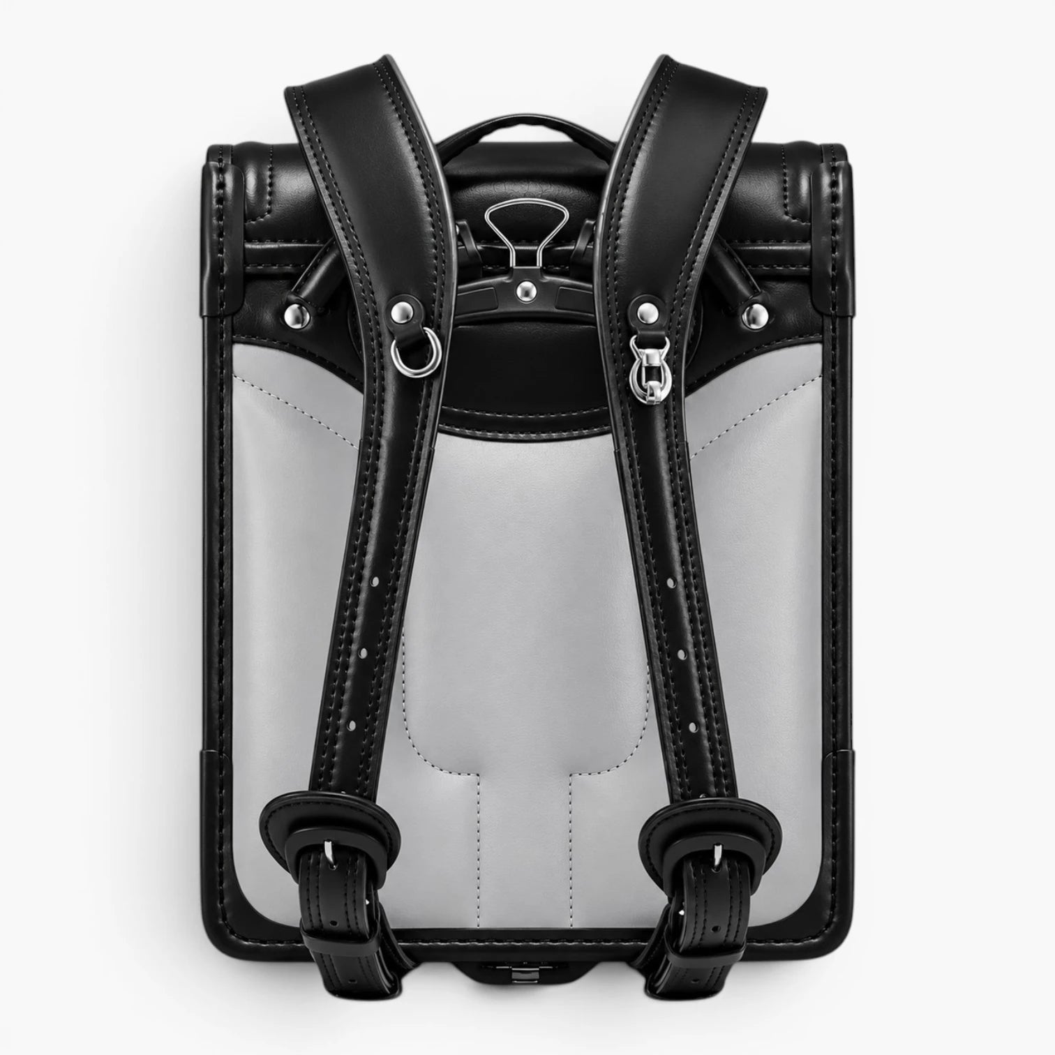 Vue arrière du sac randoseru japonais noir avec bretelles ergonomiques rembourrées