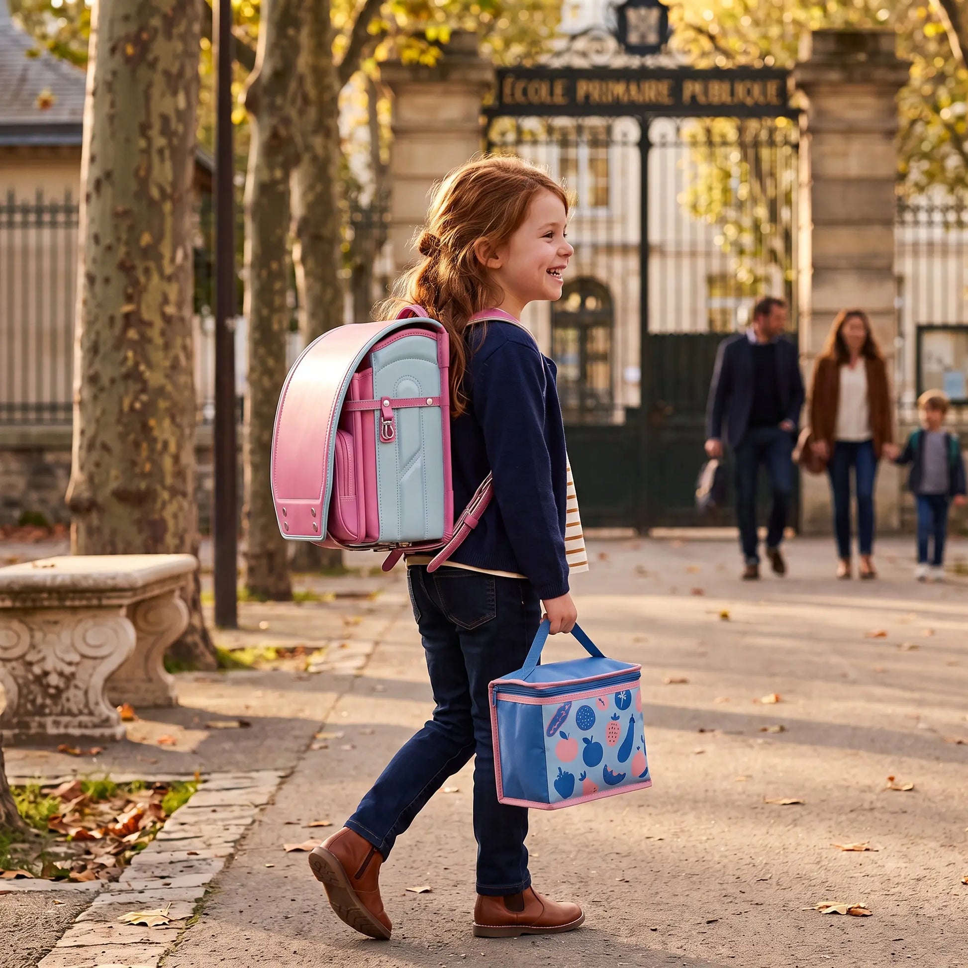 Jeune fille portant un sac randoseru japonais rose en marchant vers l'école avec son sac repas