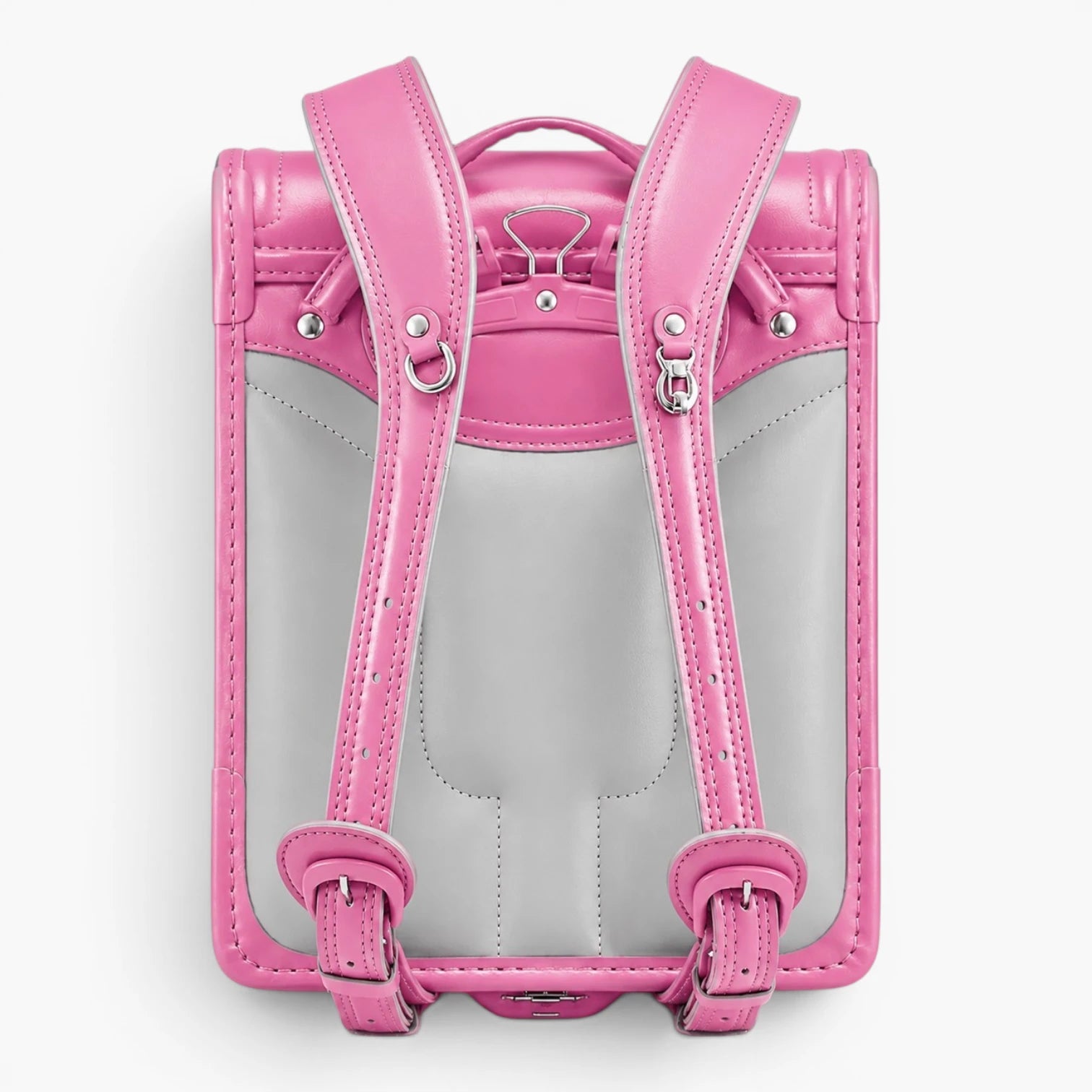 Vue arrière du sac randoseru japonais rose avec bretelles ergonomiques rembourrées