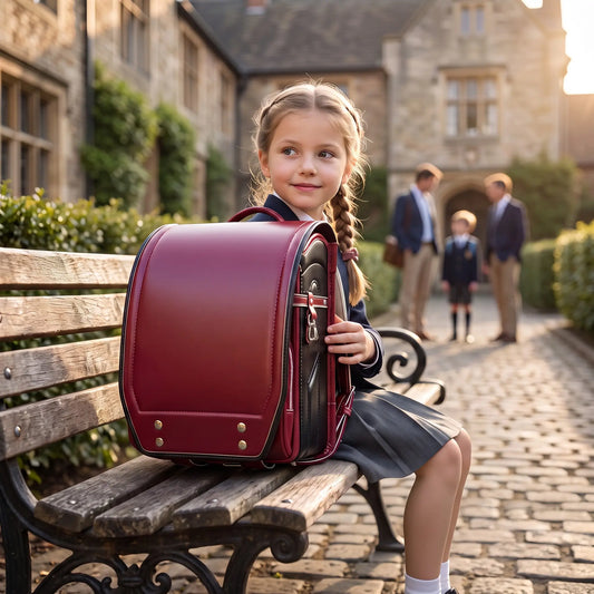 Jeune fille assise avec un sac randoseru japonais rouge devant l'école