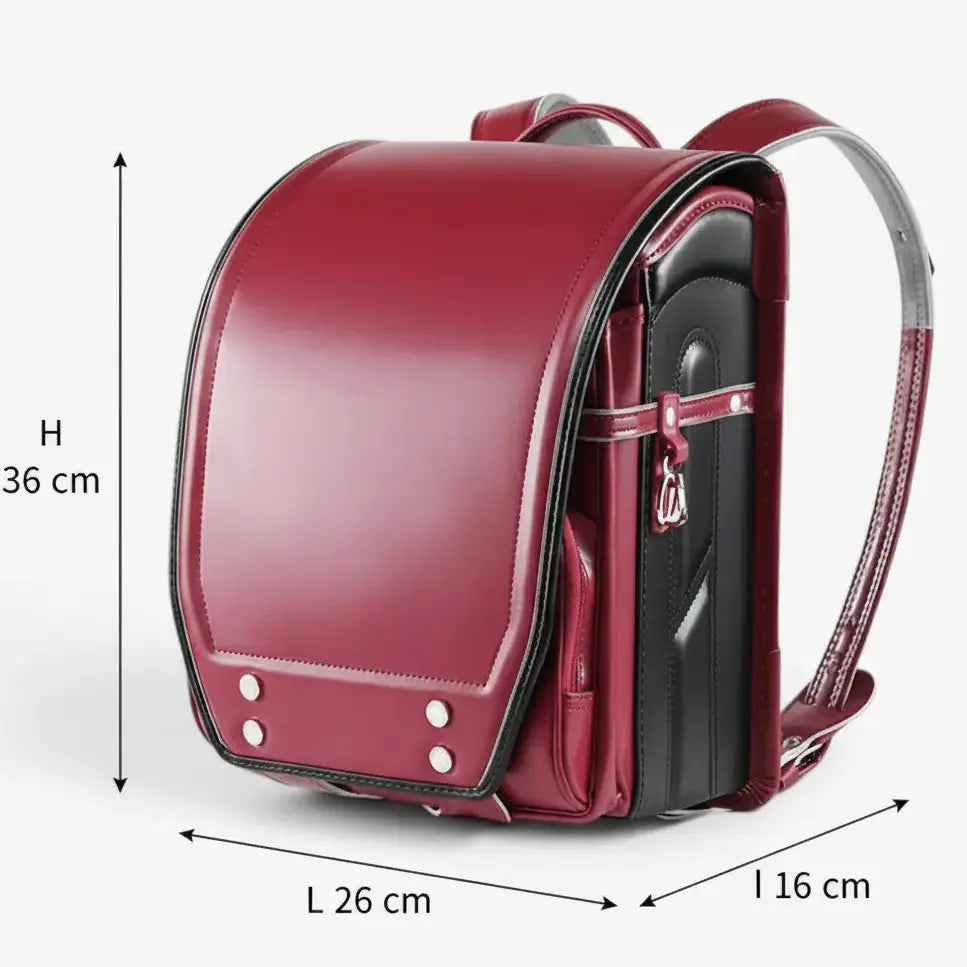 Dimensions du sac randoseru japonais rouge 26 x 16 x 36 cm