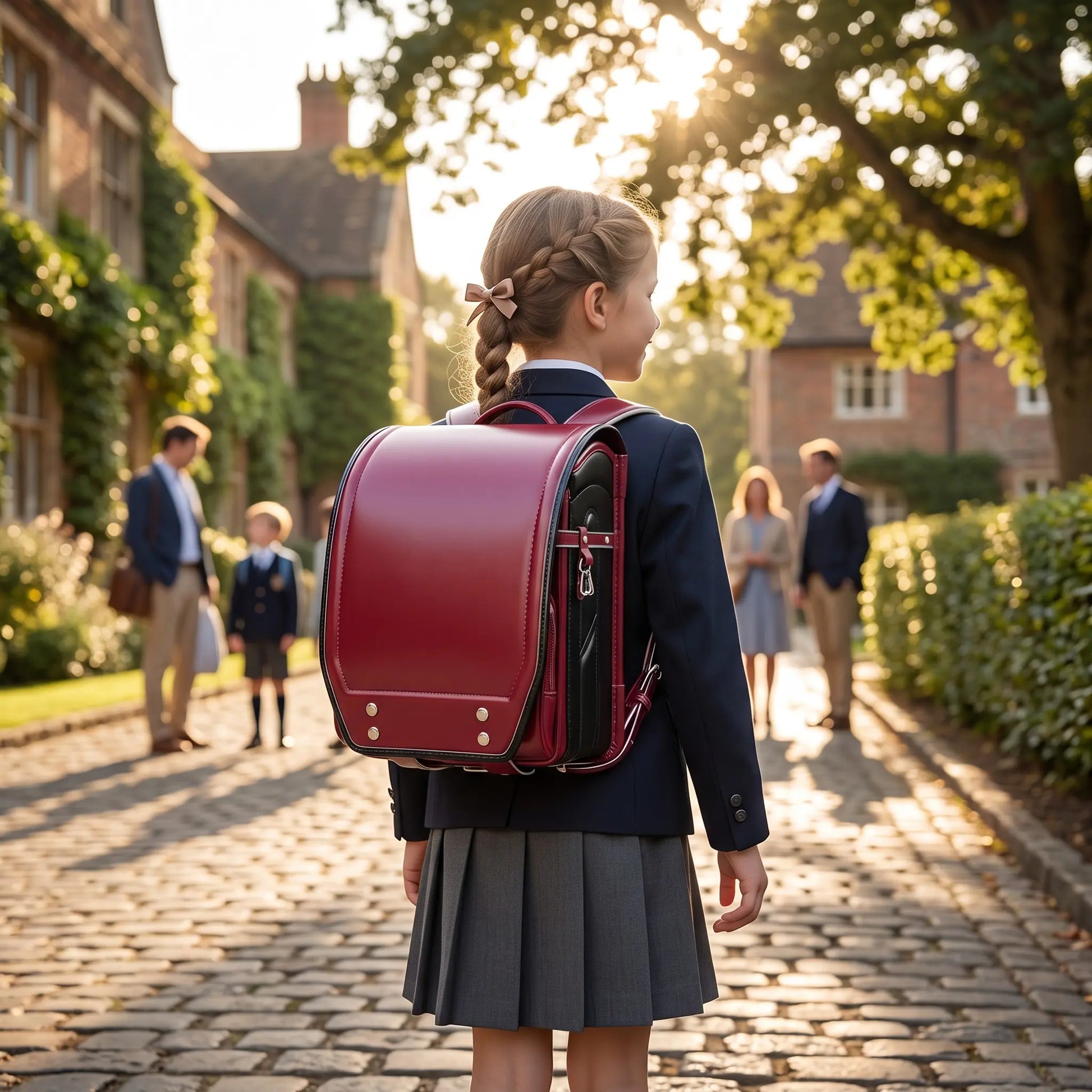 Jeune fille portant un sac randoseru japonais rouge vu de dos devant l'école