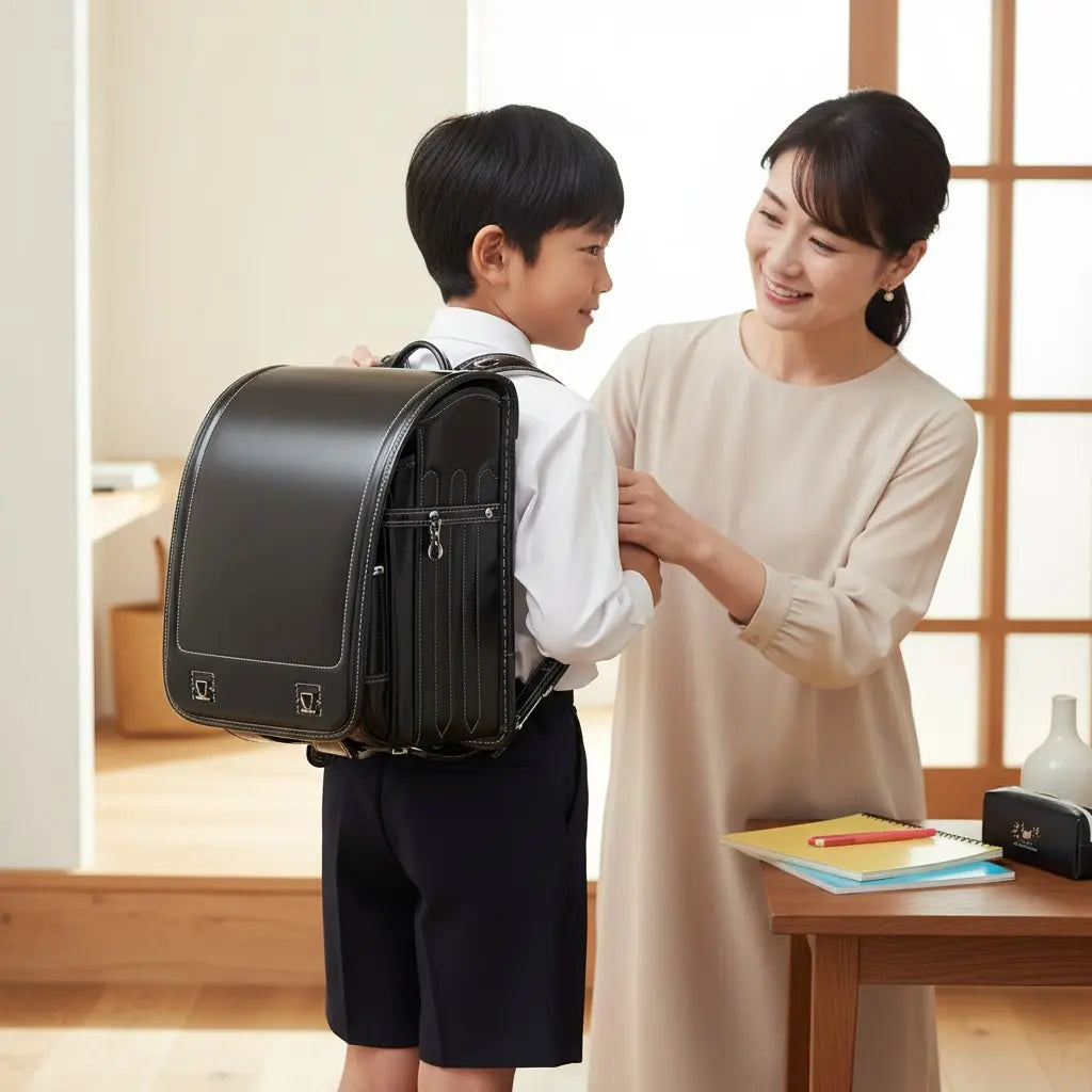Garçon portant un sac randoseru noir avec sa mère avant le départ pour l’école japonaise