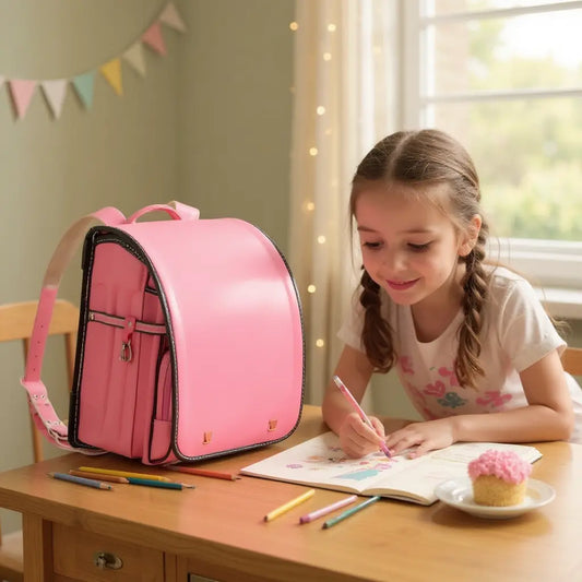 Cartable Randoseru rose rigide posé sur un bureau, à côté d’une fillette dessinant.