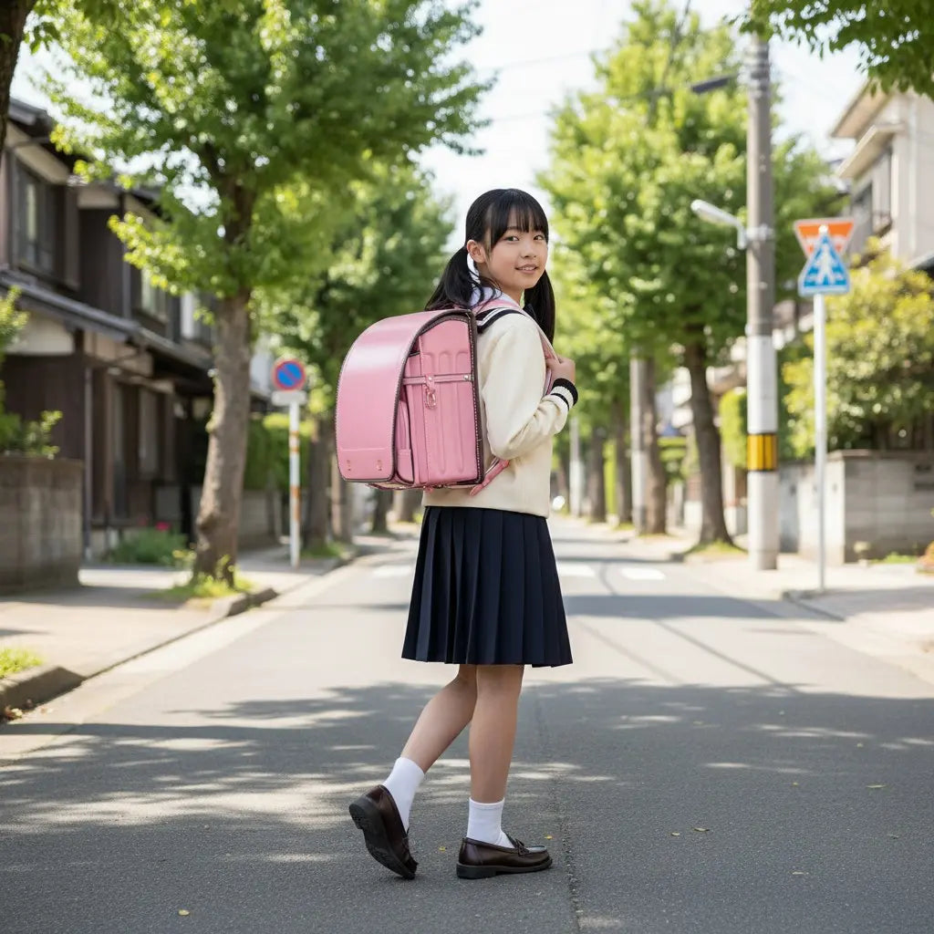 Fillette portant un cartable Randoseru rose rigide dans une rue résidentielle ensoleillée.