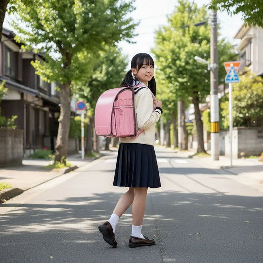 Fillette portant un cartable Randoseru rose rigide dans une rue résidentielle ensoleillée.