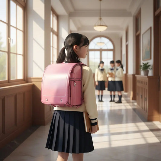 Fille portant un sac Randoseru  en cuir PU rose, style japonais dans une école.