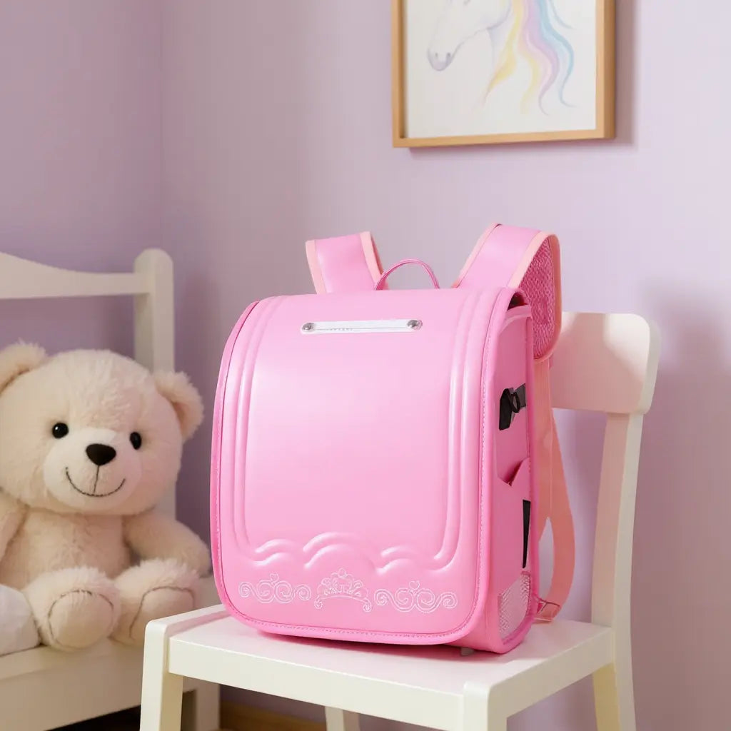 Cartable Randoseru rose rigide posé sur un bureau dans une chambre d’enfant, à côté d’une peluche.
