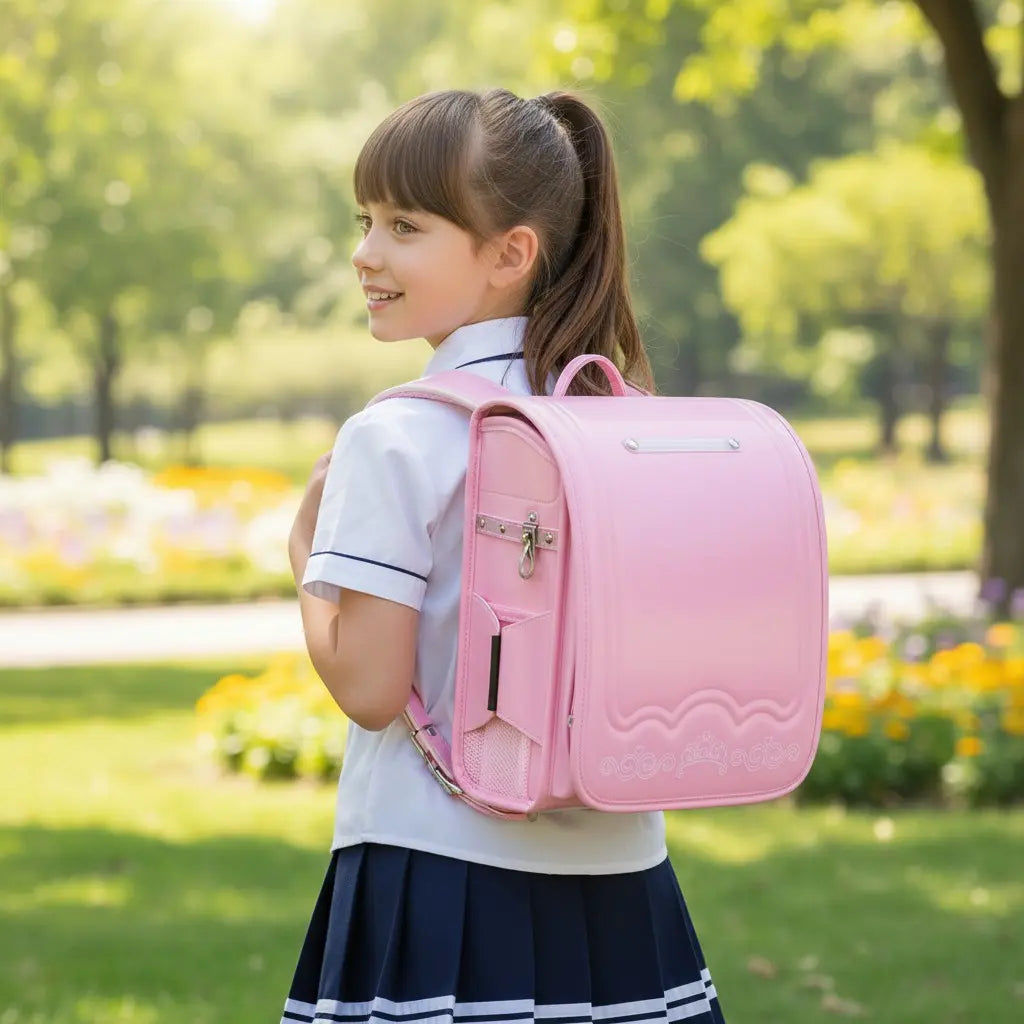 Fillette portant un cartable Randoseru rose rigide dans un jardin ensoleillé, vue latérale.