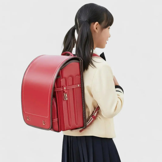 Fillette portant un cartable Randoseru rouge rigide vue de profil sur fond clair.