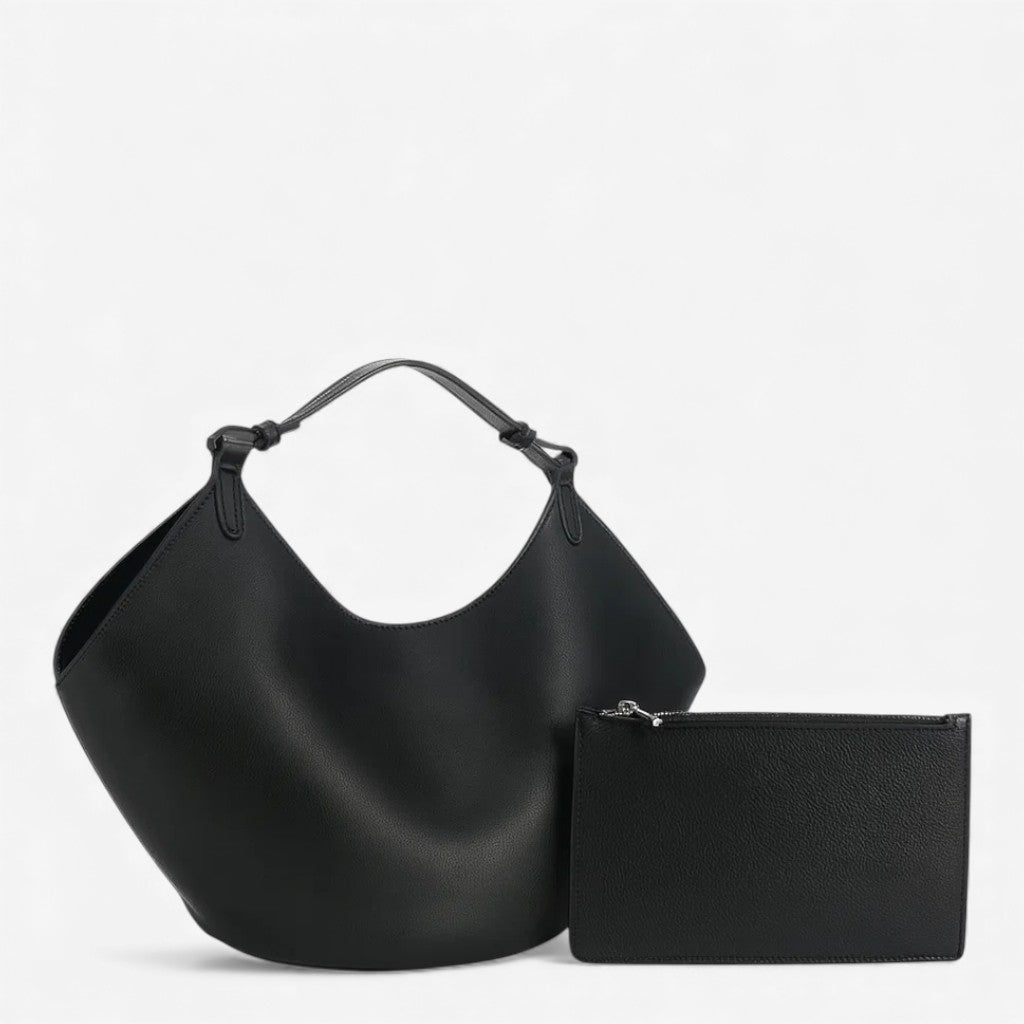 Sac seau en cuir noir avec pochette assortie en cuir de vachette