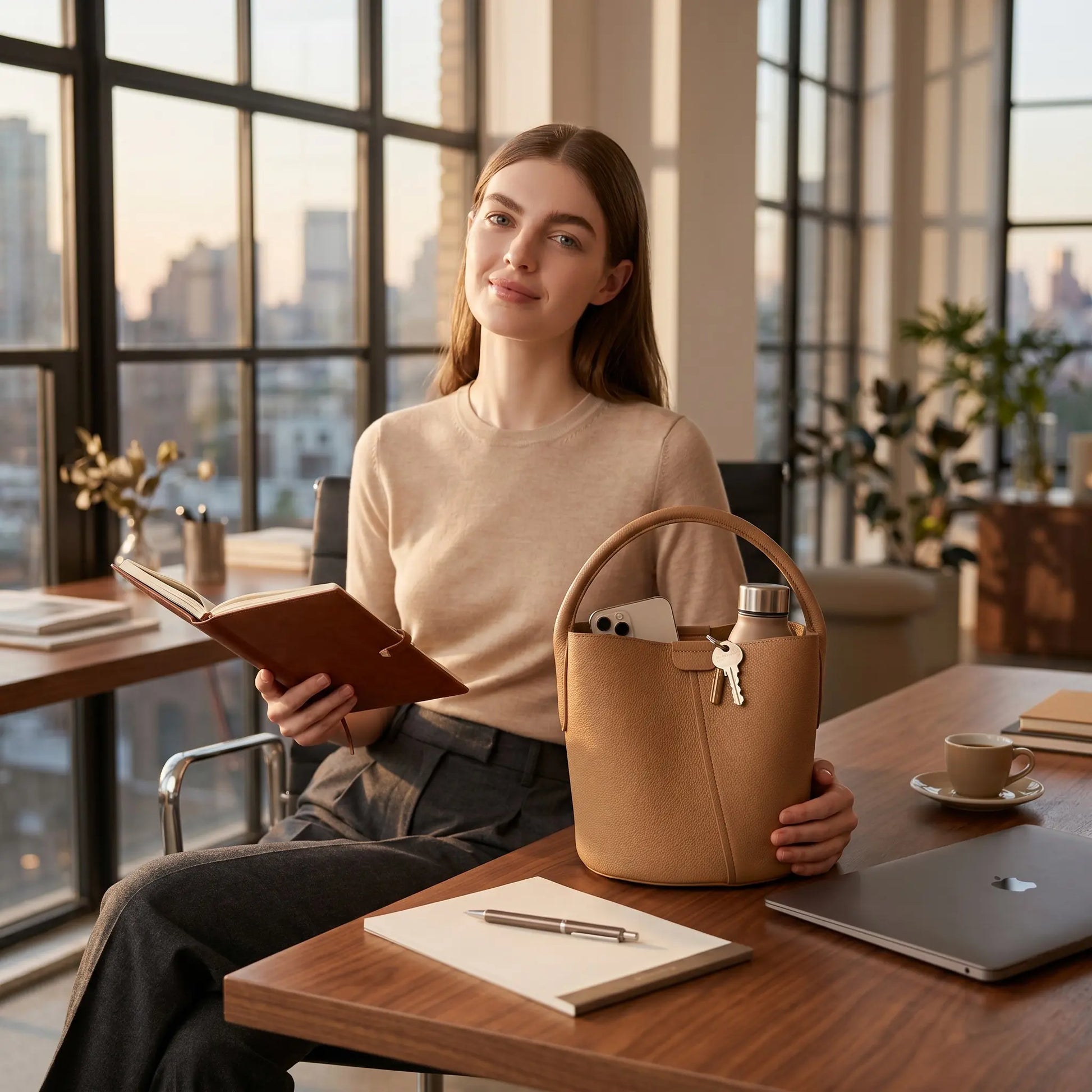 Sac seau en cuir de vachette marron posé sur un bureau avec ordinateur portable