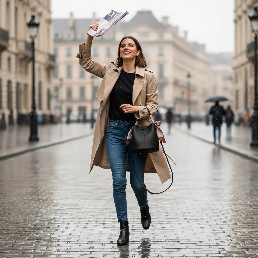 Femme portant un sac seau en cuir de vachette noir dans une rue pavée