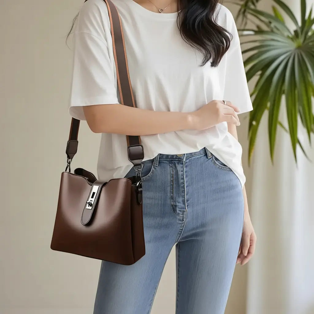 Femme portant un sac seau en cuir PU ciré marron à l'épaule avec bandoulière ajustable