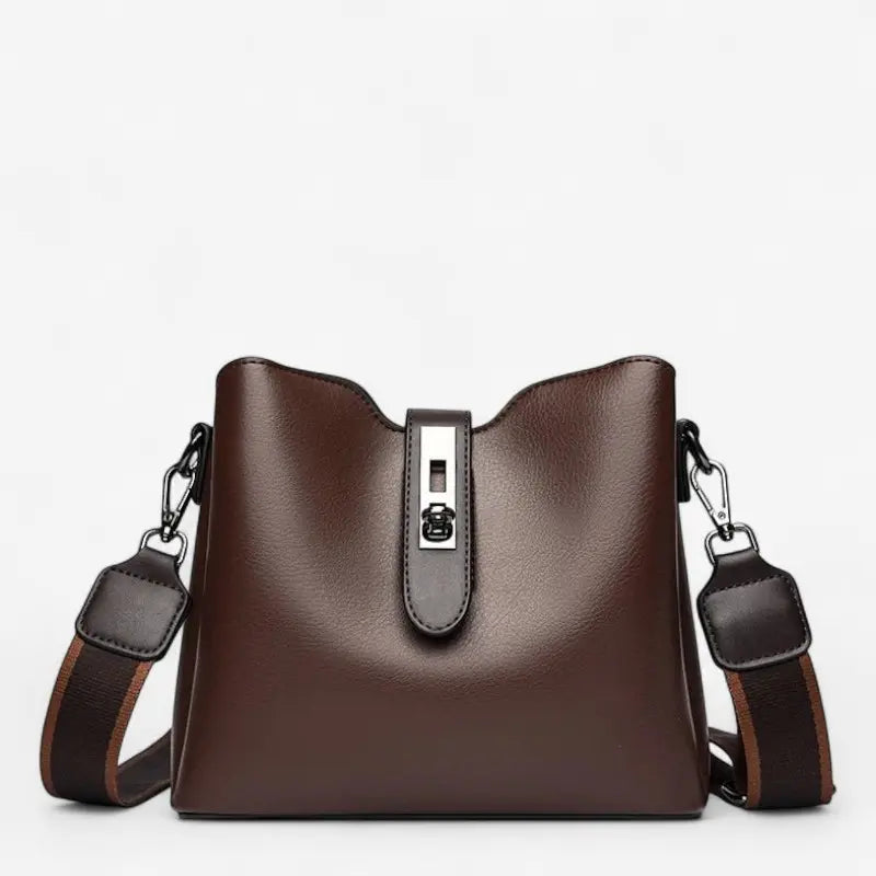 Sac seau femme en cuir PU ciré marron avec boucle décorative et bandoulière ajustable