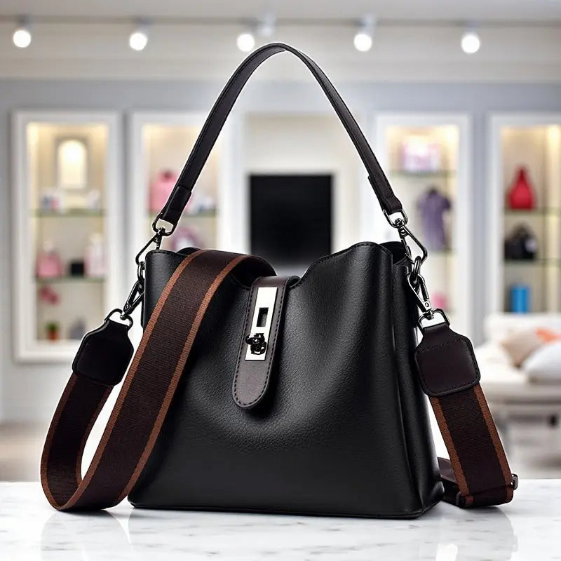 Sac seau femme en cuir PU ciré noir avec anse et bandoulière réglable