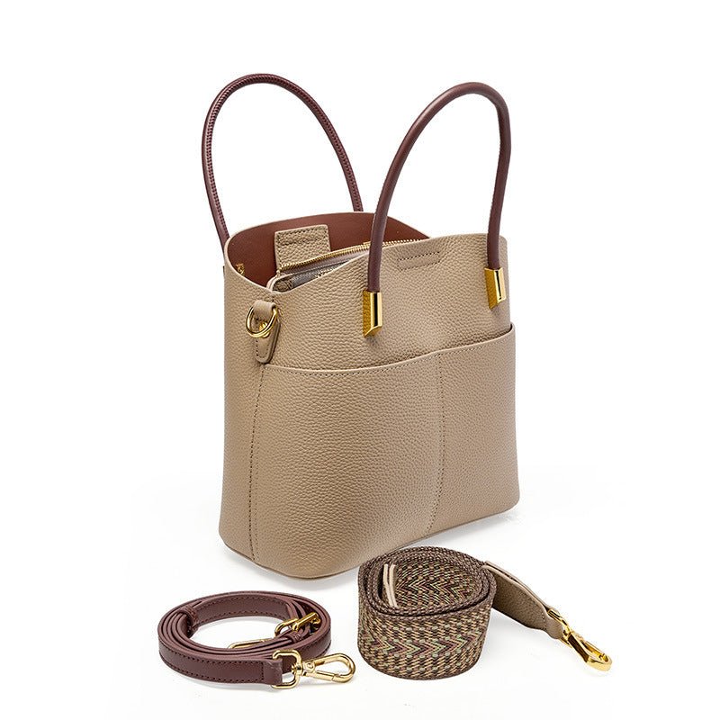 Sac seau cuir véritable beige avec bandoulière amovible et accessoires assortis