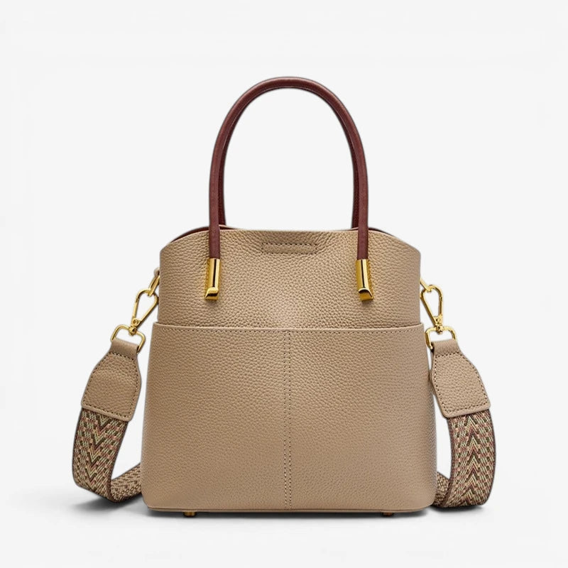 Sac seau rétro cuir véritable beige avec anses marron et bandoulière amovible