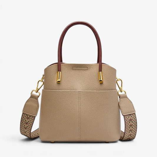 Sac seau rétro cuir véritable beige avec anses marron et bandoulière amovible