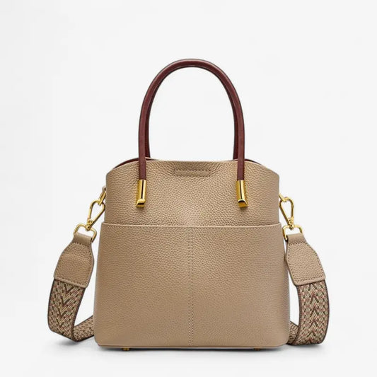 Sac seau rétro cuir véritable beige avec anses marron et bandoulière amovible