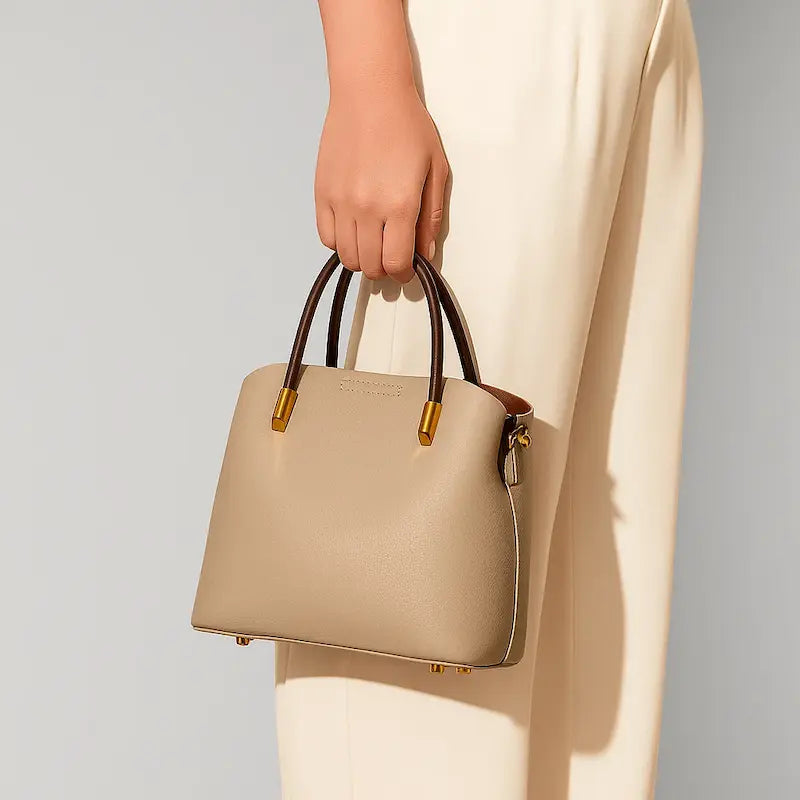 Sac seau femme en cuir véritable beige porté à l’épaule avec bandoulière amovible