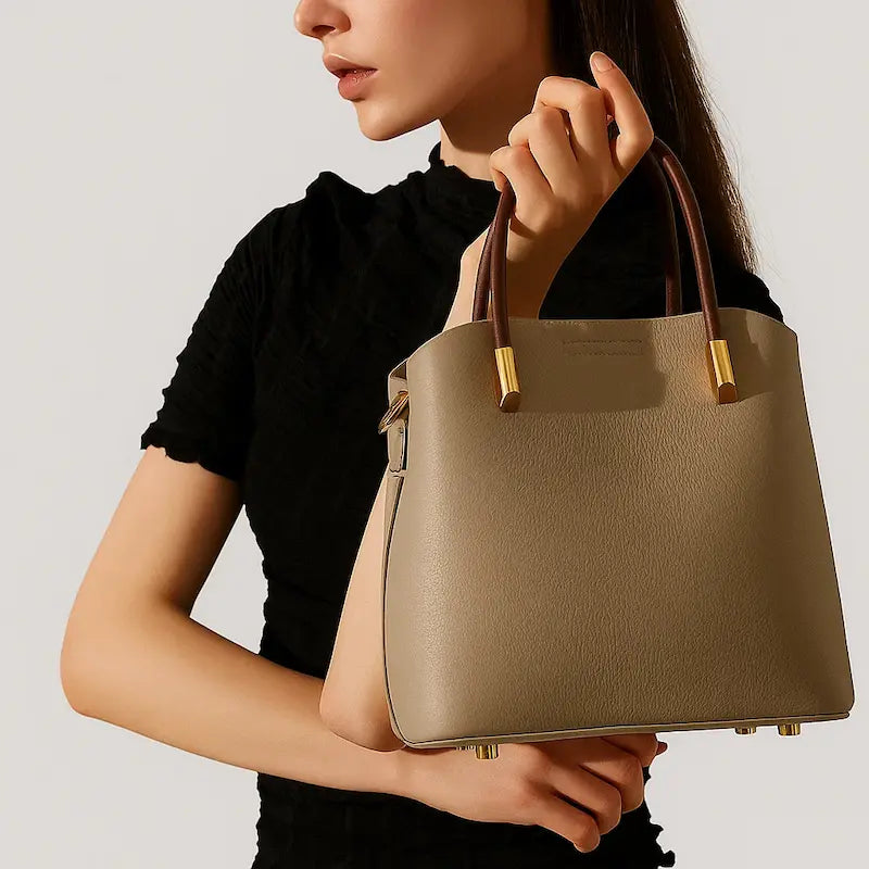 Sac seau rétro en cuir véritable beige porté à la main avec anses marron