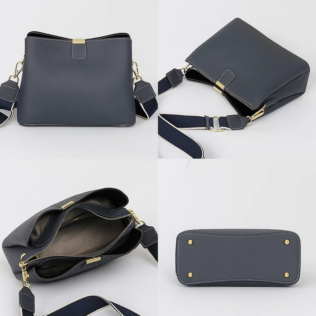 Sac seau femme en cuir véritable bleu présenté sous plusieurs angles avec bandoulière et pochette assortie