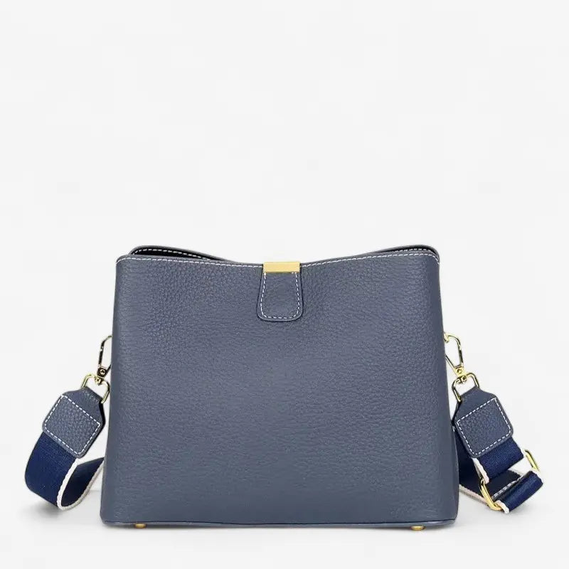 Sac seau femme en cuir véritable bleu avec bandoulière réglable