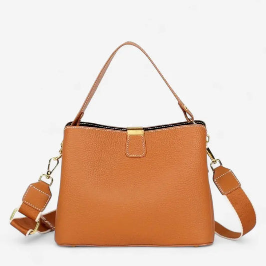 Sac seau femme en cuir véritable camel avec anse courte et bandoulière réglable