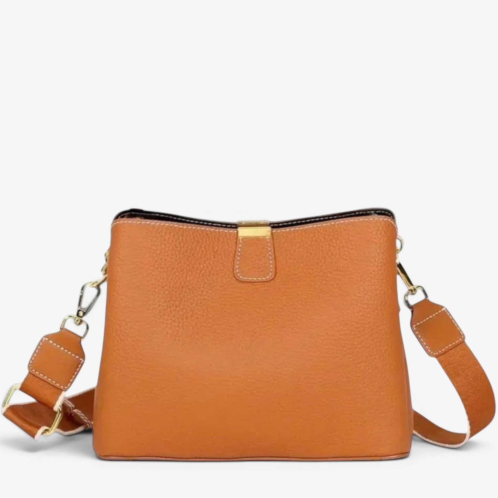 Sac seau femme en cuir véritable camel avec bandoulière réglable