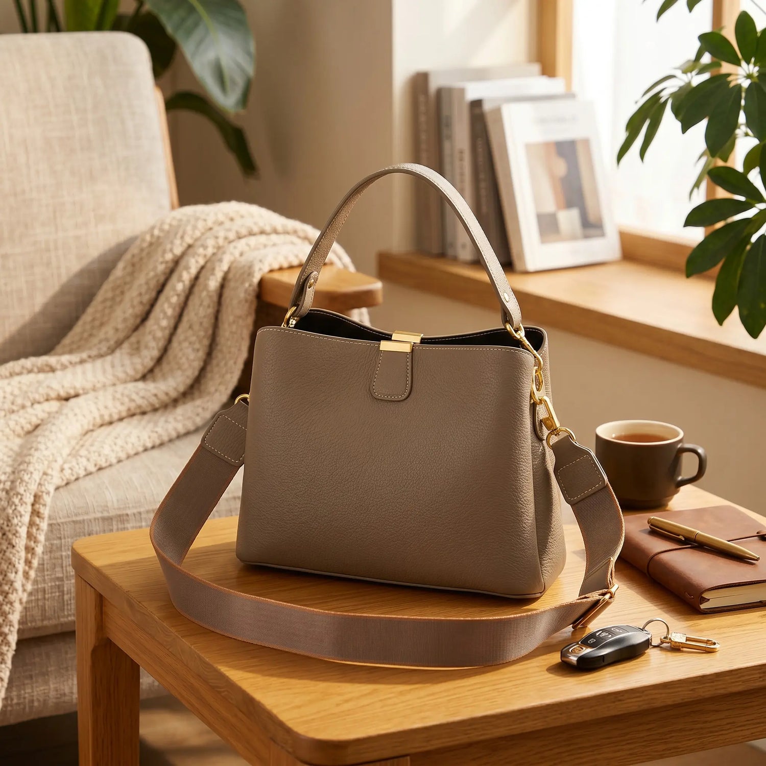 Sac seau femme en cuir véritable camel posé sur une table dans un intérieur élégant