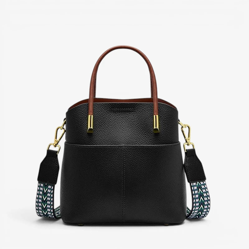 Sac seau rétro en cuir véritable noir avec anses marron et bandoulière amovible bicolore