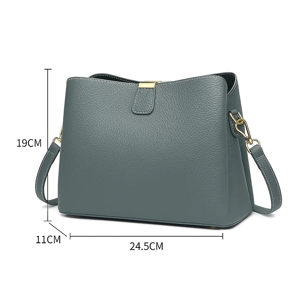 Sac seau femme en cuir véritable vert avec dimensions indiquées 25 × 11 × 18 cm