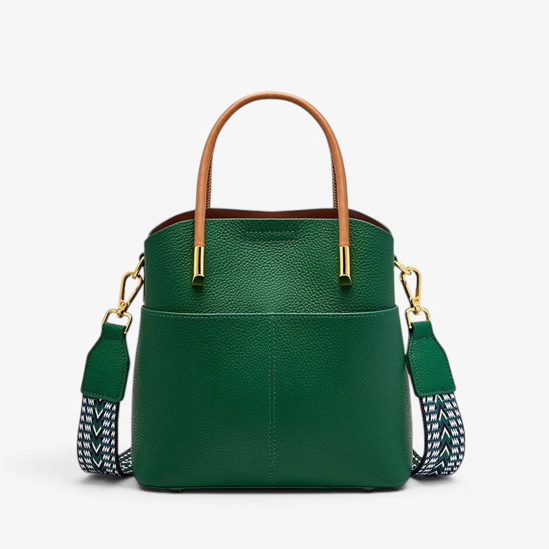 Sac seau femme en cuir véritable vert sapin avec anses camel et bandoulière bicolore