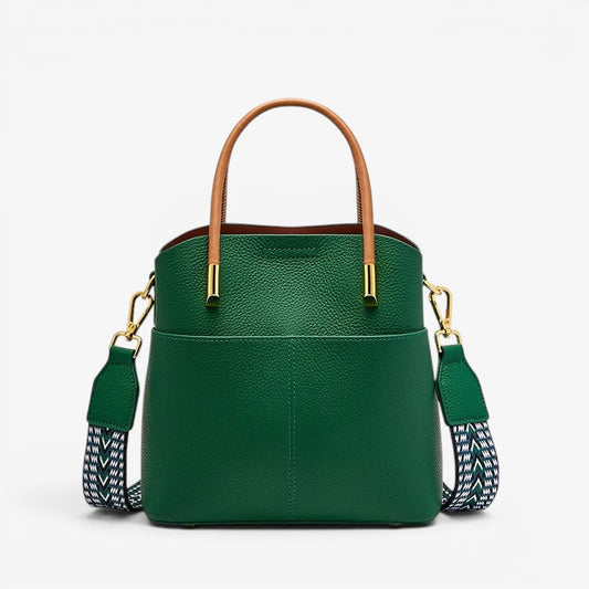 Sac seau femme en cuir véritable vert sapin avec anses camel et bandoulière bicolore