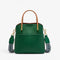 Sac seau femme en cuir véritable vert sapin avec anses camel et bandoulière bicolore
