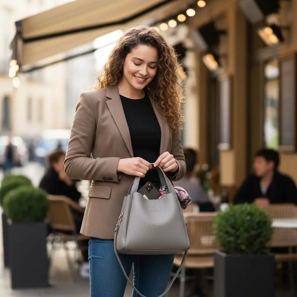 Femme portant un sac seau gris en cuir synthétique souple en extérieur
