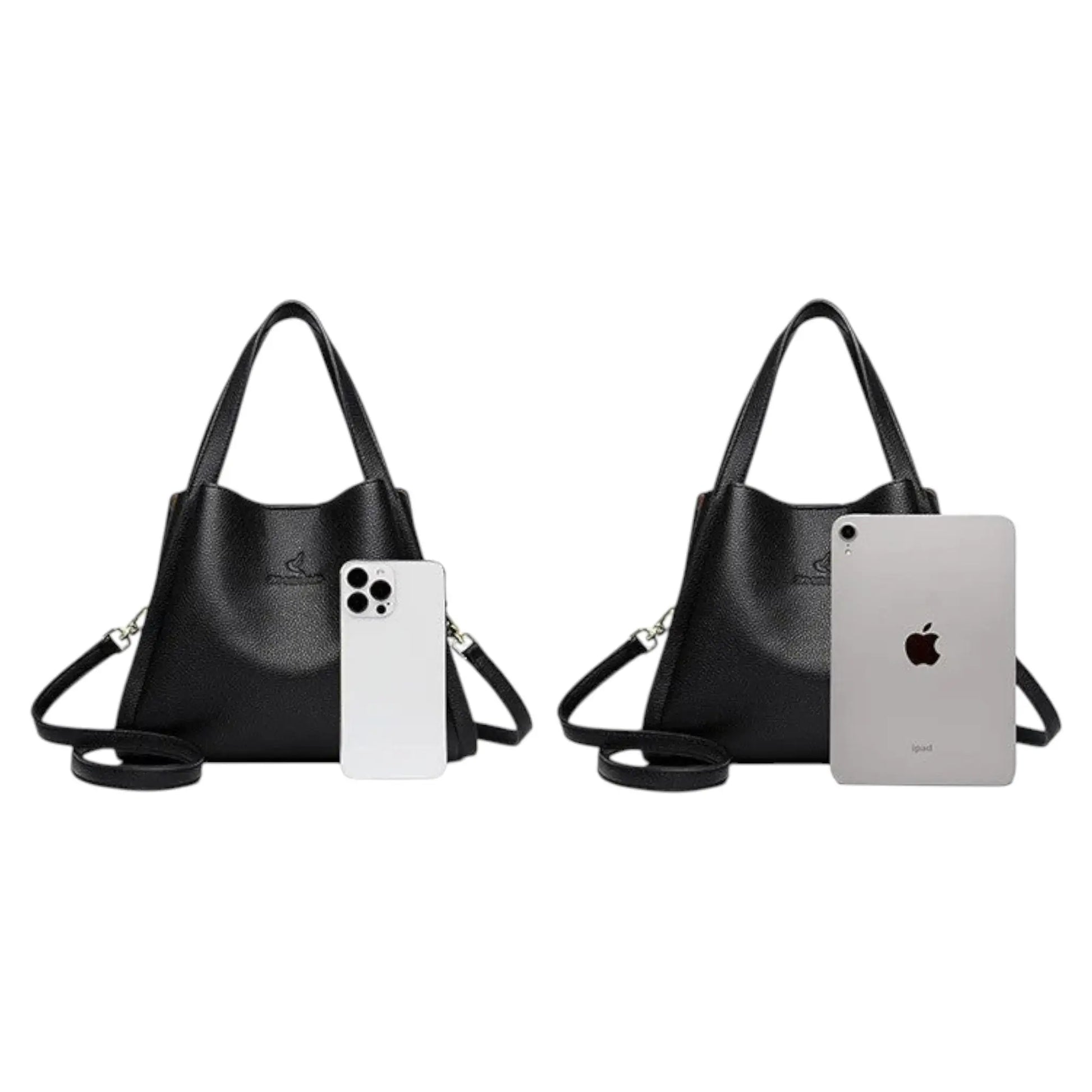 Sac seau noir en cuir synthétique souple comparé à une tablette pour échelle