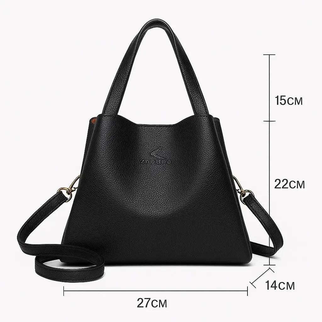 Sac seau noir en cuir synthétique souple avec dimensions 27 × 22 × 14 cm