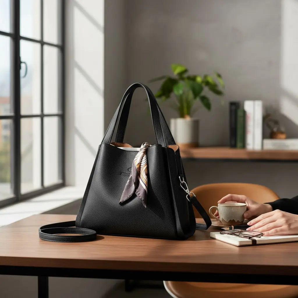 Sac seau noir en cuir synthétique souple posé sur une table, bandoulière amovible visible
